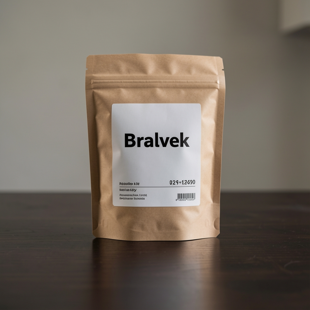 Detail označeného balenia Bralvek s produktovou etiketou na tmavom stole pri mäkkom svetle