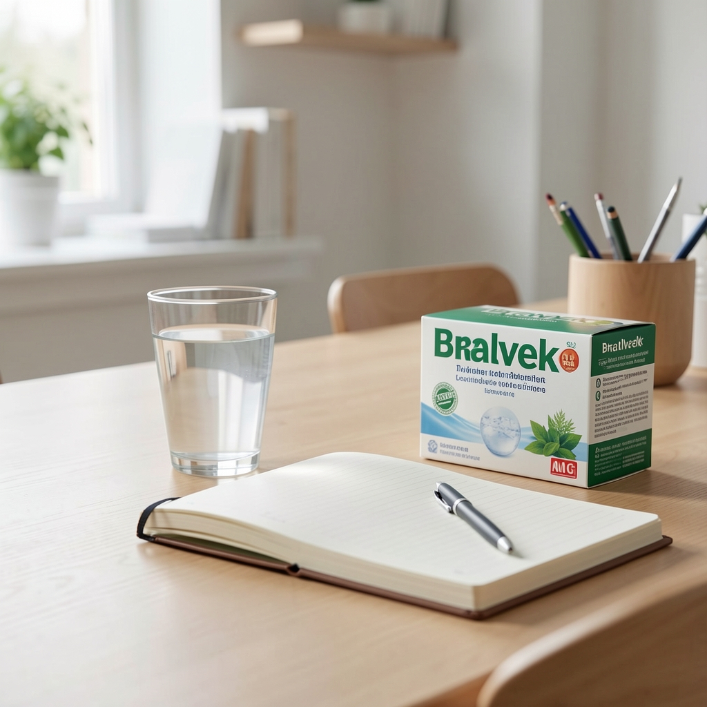Pohár vody, otvorený zápisník a balenie Bralvek na rannom stole pri mäkkom dennom svetle
