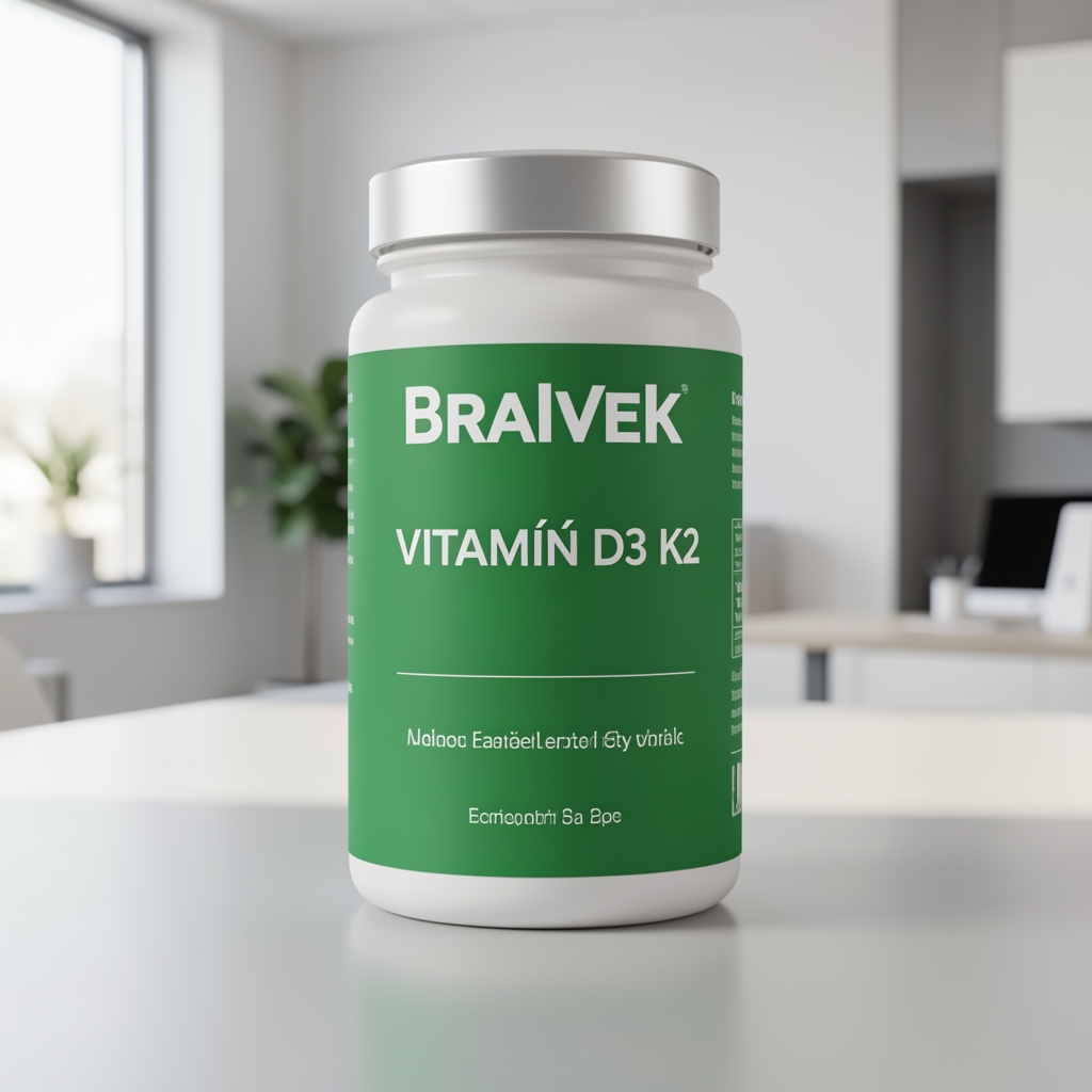 Detail etikety Bralvek s čitateľným označením Vitamín D3 a K2 v zelenom dizajne