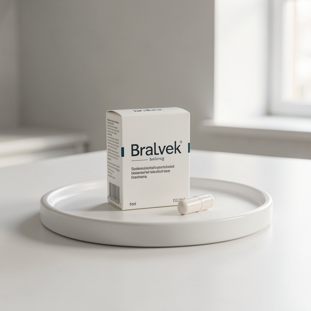 Bralvek balenie a kapsula na bielom keramickom podnose v čistom interiéri