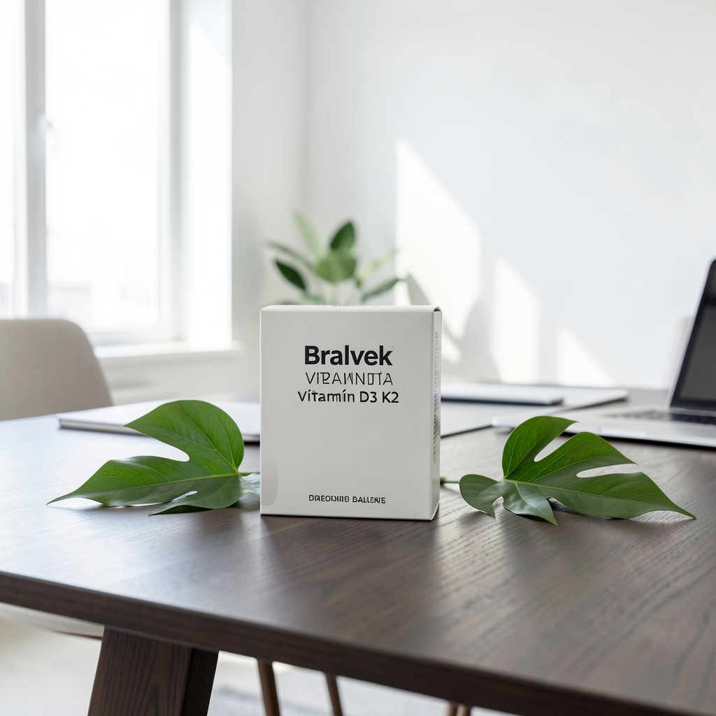 Elegantné balenie Bralvek Vitamín D3 K2 na tmavom drevenom stole so zelenými listami